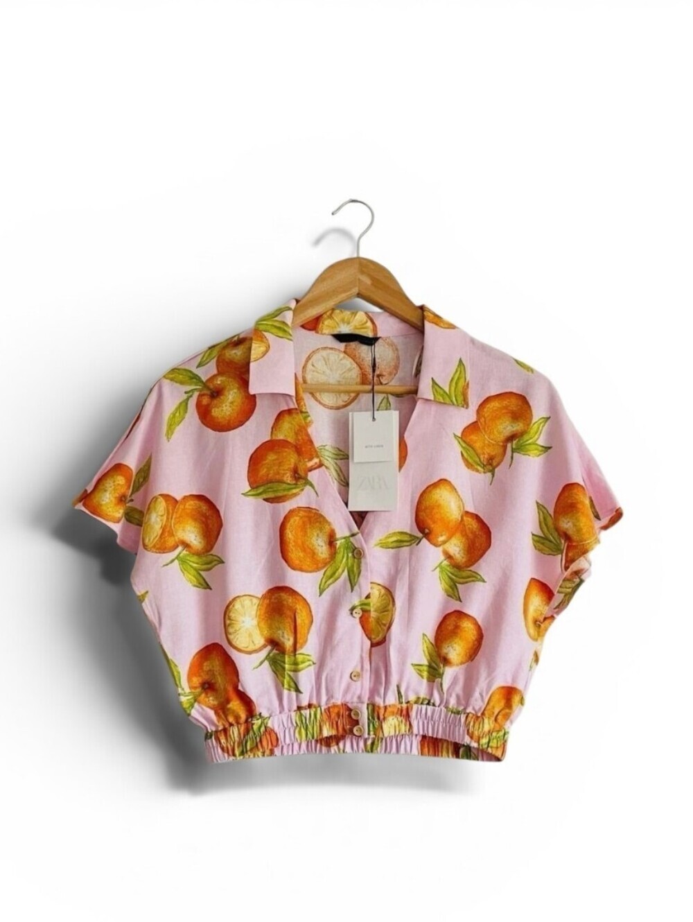 ZARA LINEN BLEND ORANGE CROPPED BUTTON DOWN SHIRT